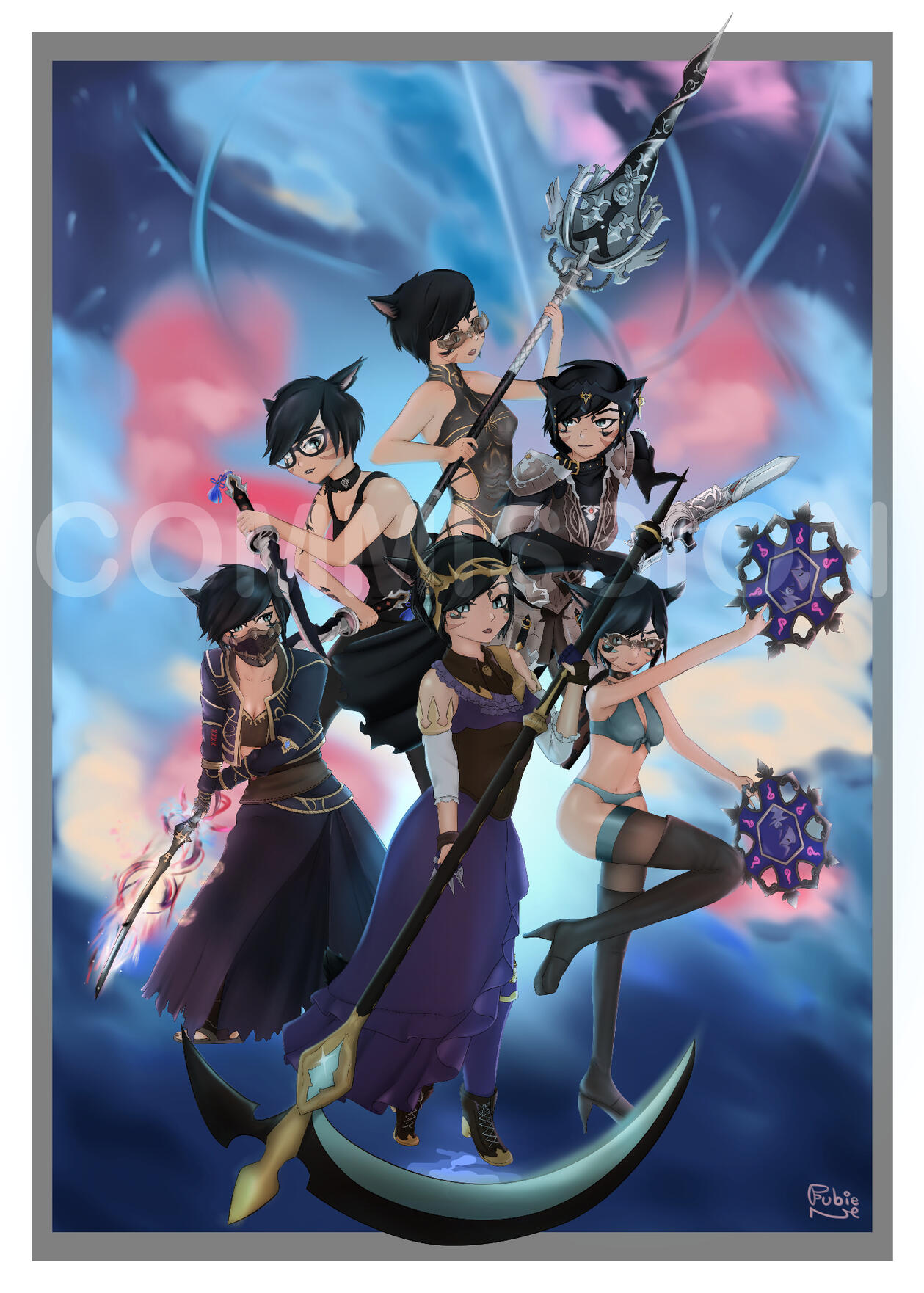 ffxiv miqo'te wearing six different outfits/jobs