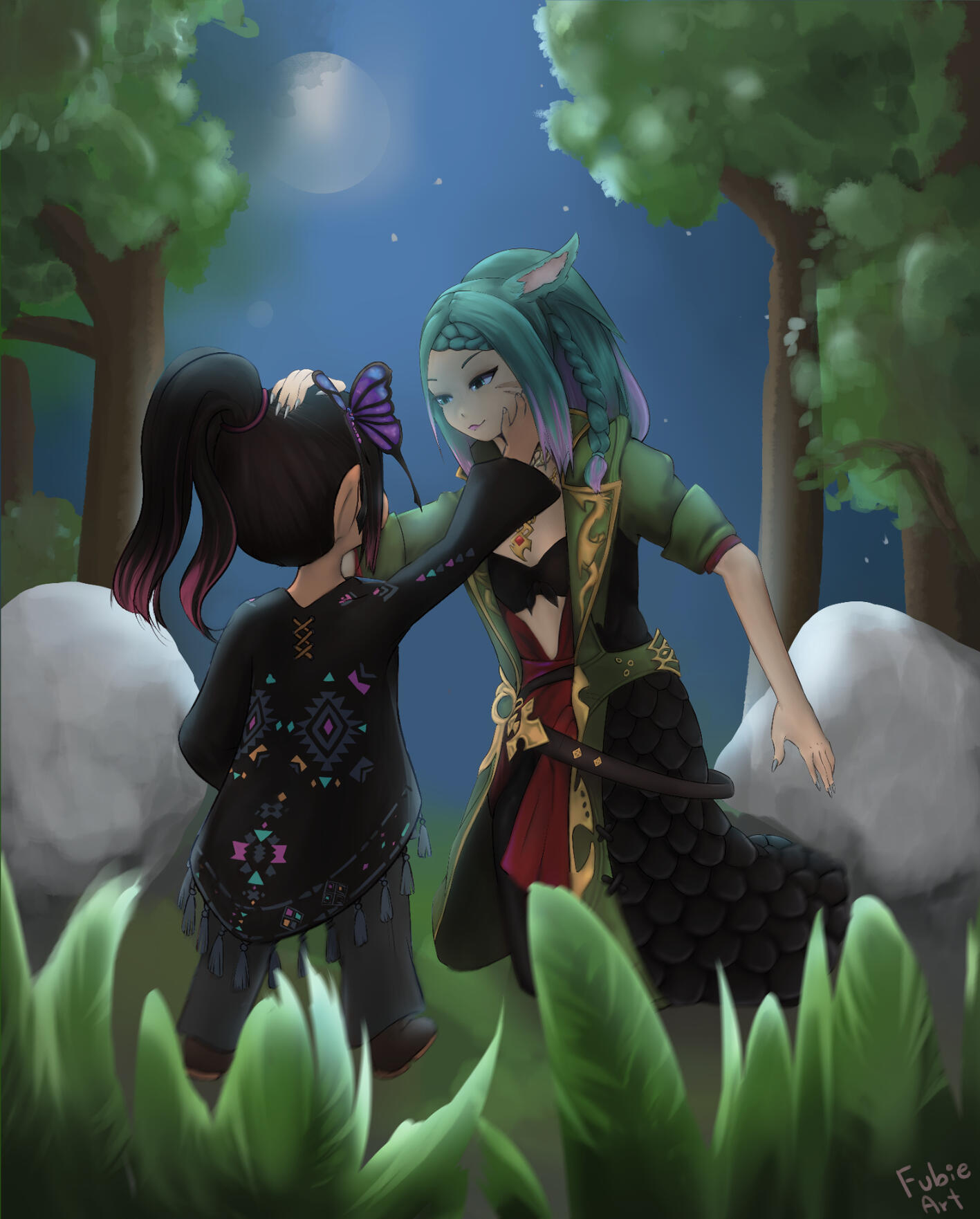 ffxiv miqo'te giving headpat to a lalafell